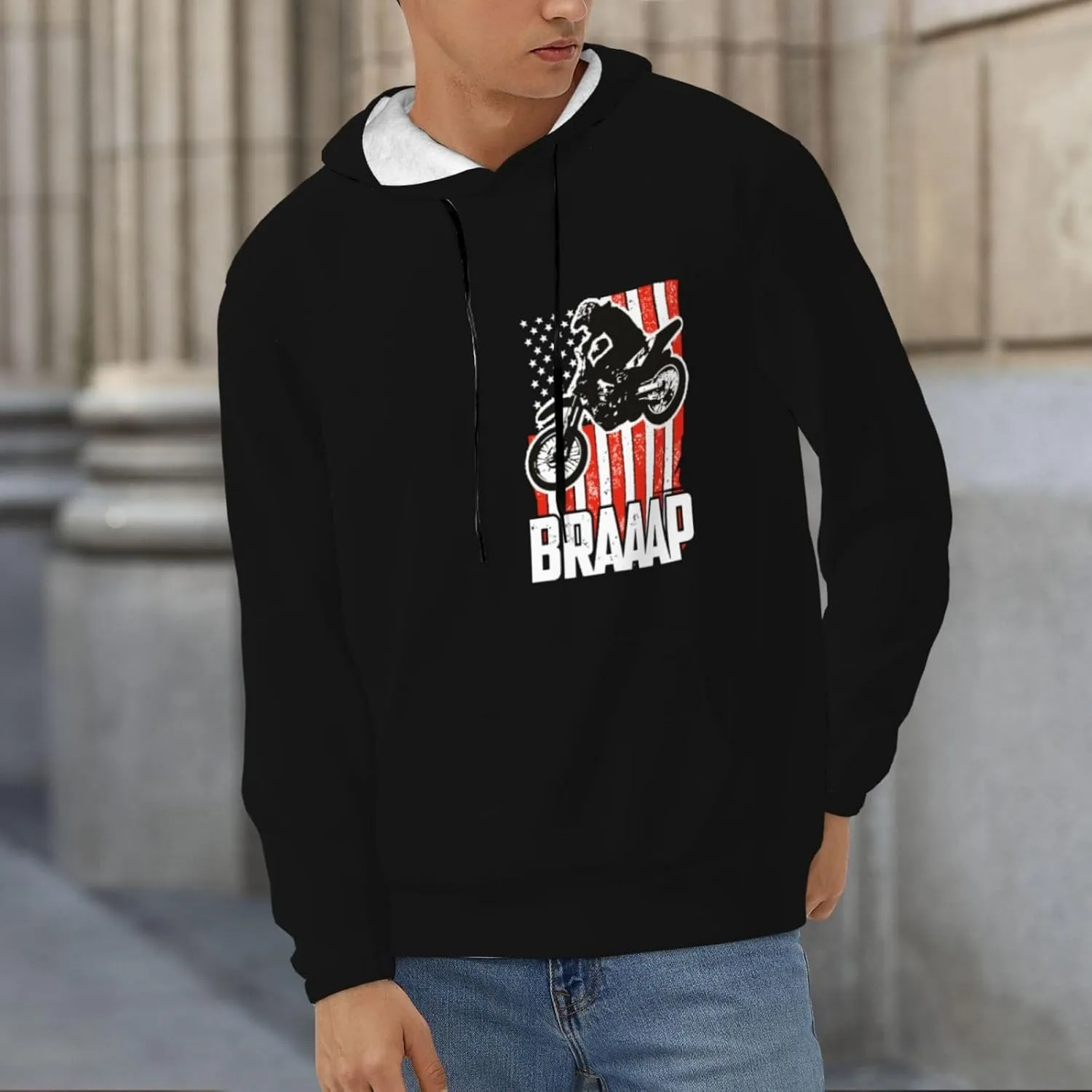 Fleece Pullover Dirt Bke Motocross American Flag Hoodie With Kangaroo Pocket