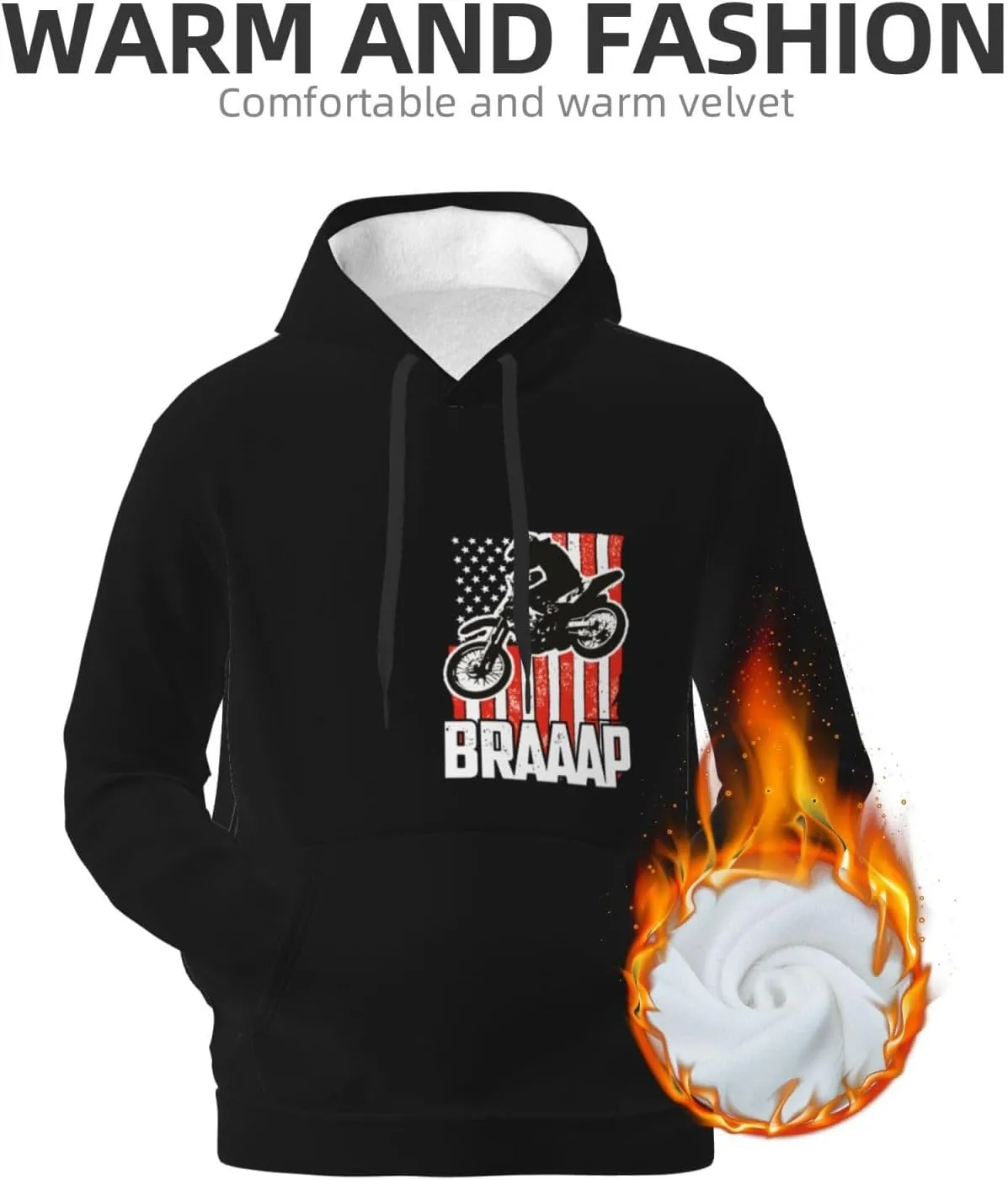 Fleece Pullover Dirt Bke Motocross American Flag Hoodie With Kangaroo Pocket