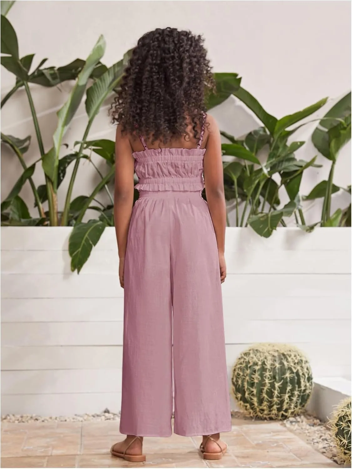 Floerns Girl's 2 Piece Set Ruffle Trim Cami Tops with Paperbag Waist Wide Leg Pants