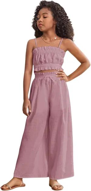 Floerns Girl's 2 Piece Set Ruffle Trim Cami Tops with Paperbag Waist Wide Leg Pants