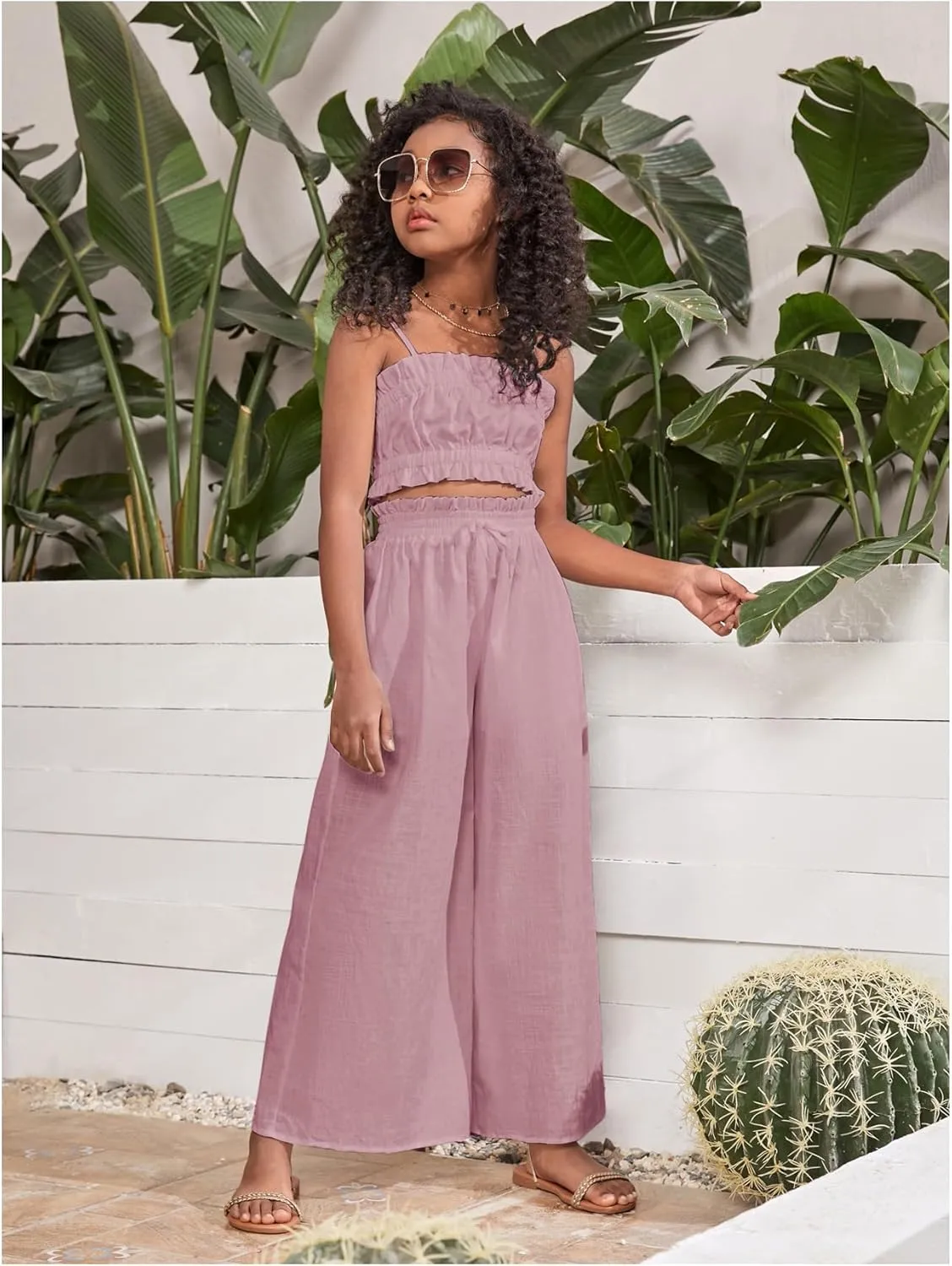 Floerns Girl's 2 Piece Set Ruffle Trim Cami Tops with Paperbag Waist Wide Leg Pants