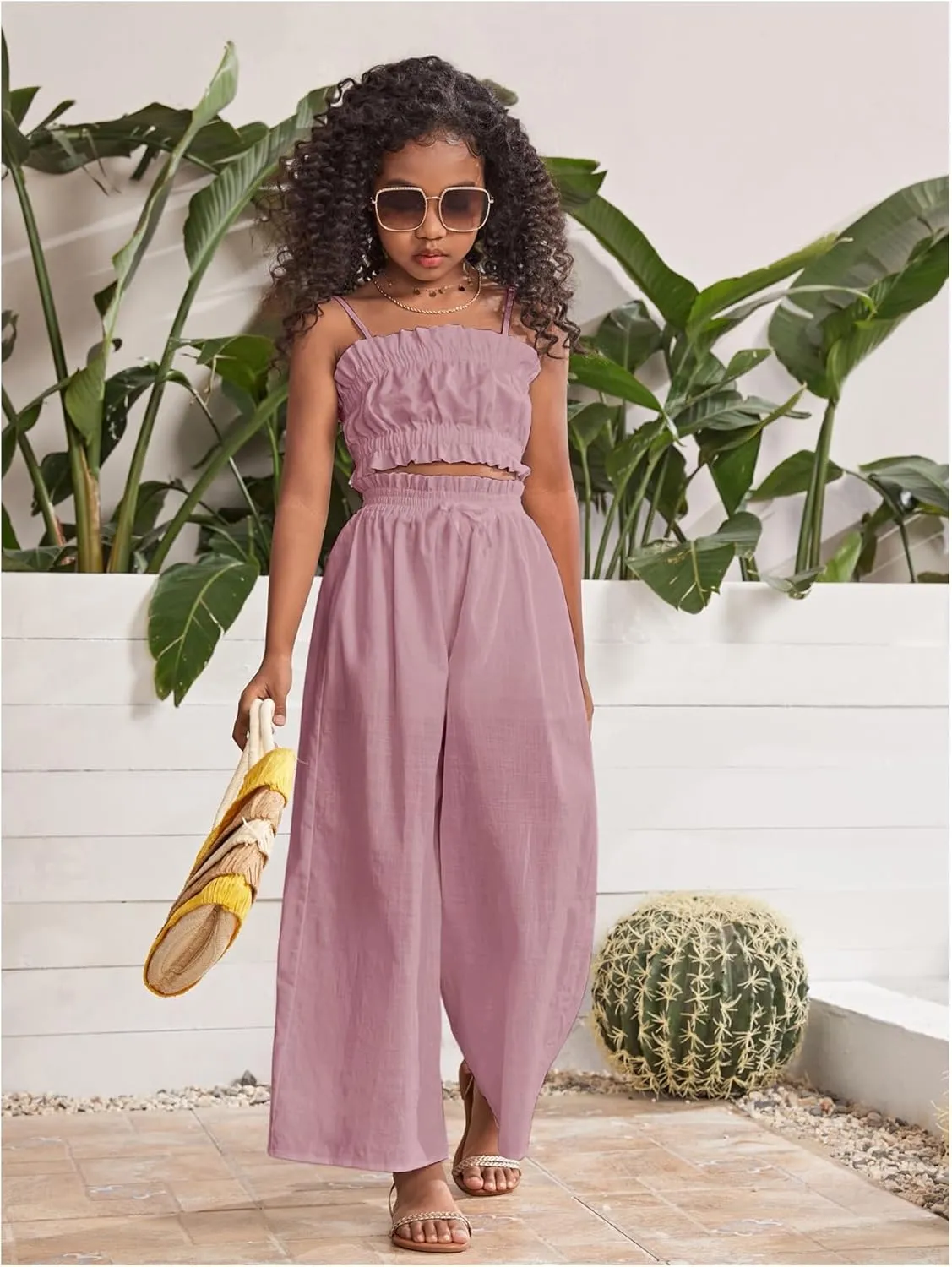 Floerns Girl's 2 Piece Set Ruffle Trim Cami Tops with Paperbag Waist Wide Leg Pants