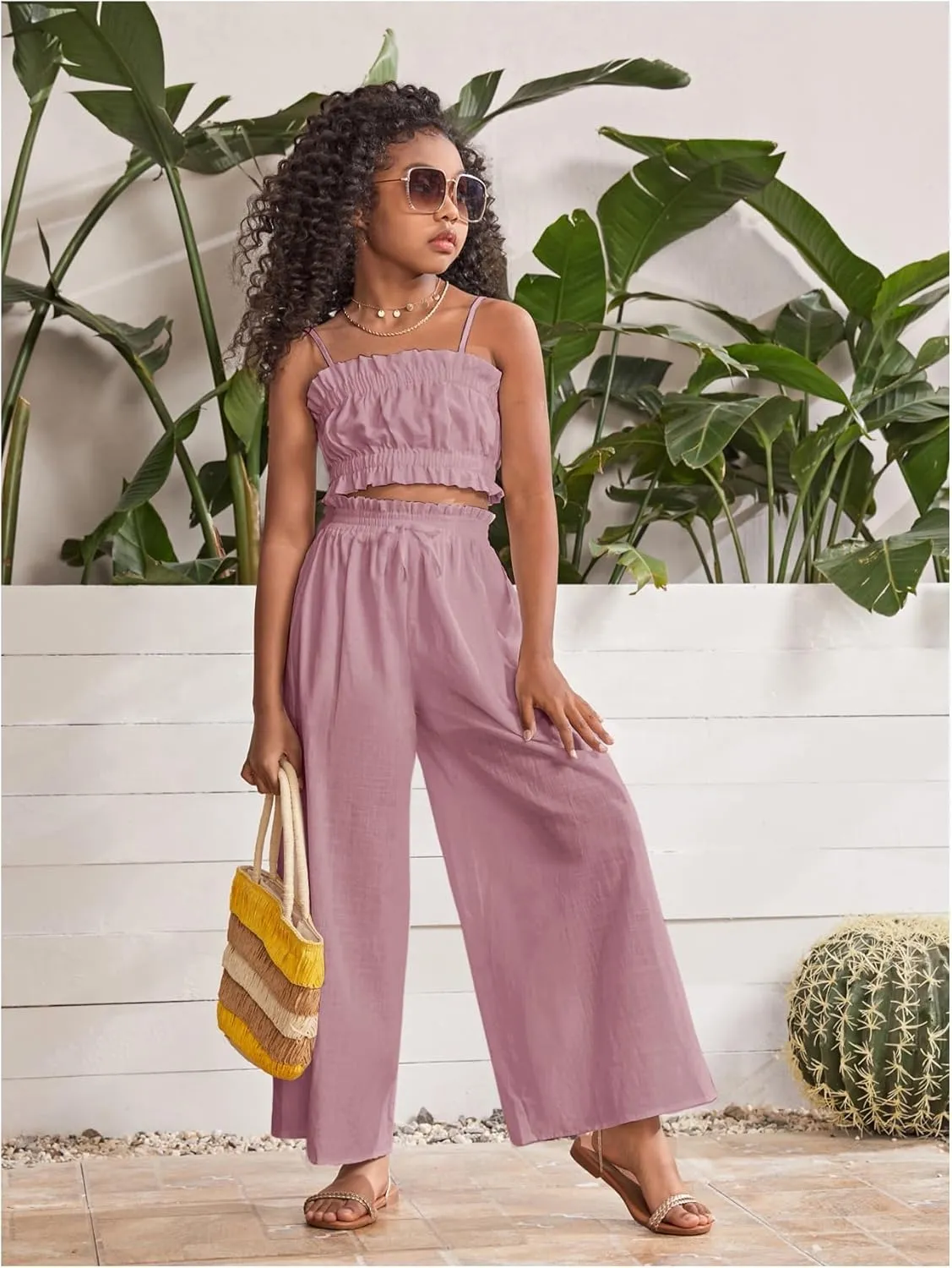Floerns Girl's 2 Piece Set Ruffle Trim Cami Tops with Paperbag Waist Wide Leg Pants
