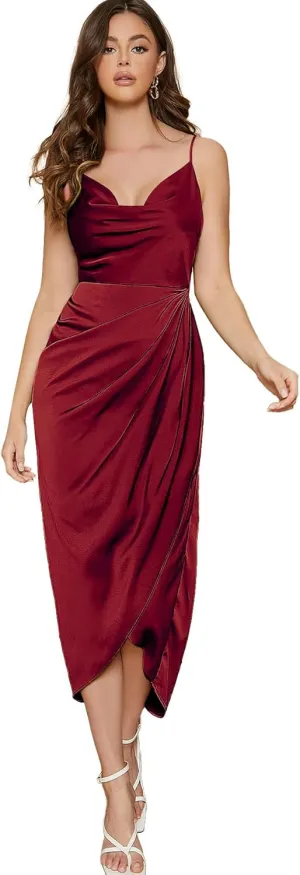 Floerns Women's Plus Size Satin Spaghetti Strap Cowl Neck Wrap Party Cami Dress