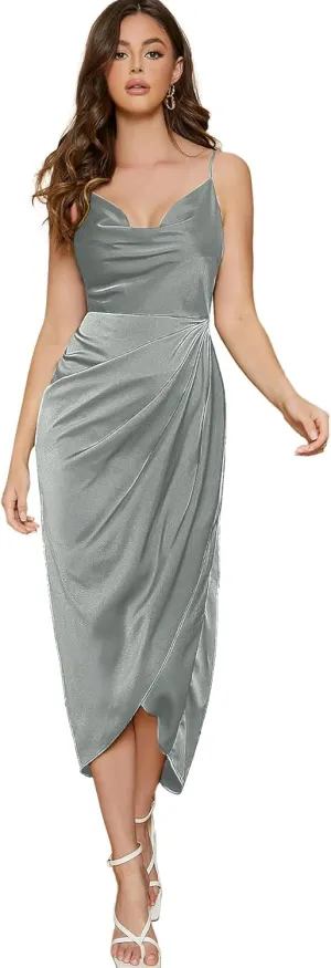 Floerns Women's Plus Size Satin Spaghetti Strap Cowl Neck Wrap Party Cami Dress