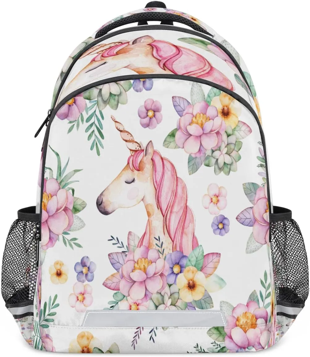 Floral Flower Animal Licorne Pink Backpack for School Girls Kids School Backpack Elementary Students Bookbag Laptop Daypack with Chest Buckle, Teens Hiking Travel Rucksack