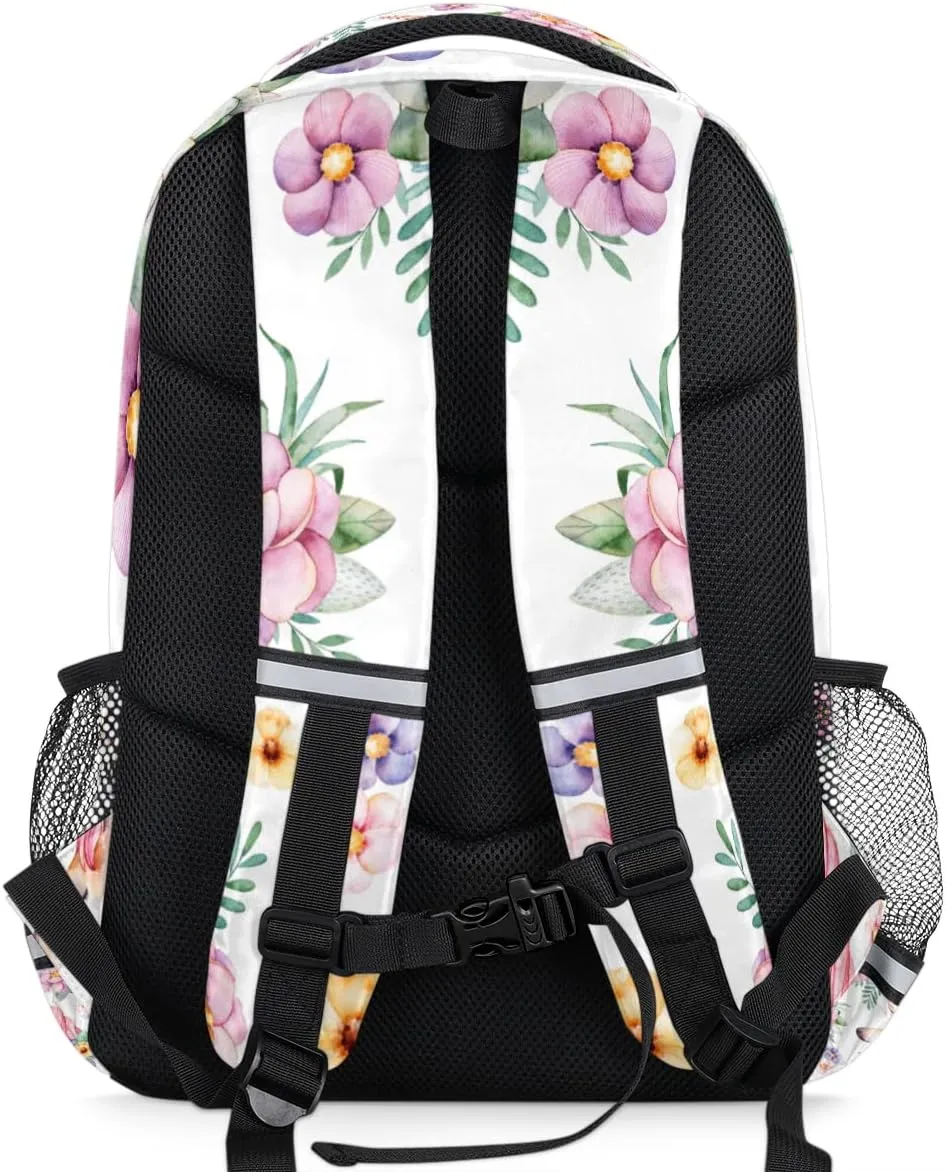Floral Flower Animal Licorne Pink Backpack for School Girls Kids School Backpack Elementary Students Bookbag Laptop Daypack with Chest Buckle, Teens Hiking Travel Rucksack