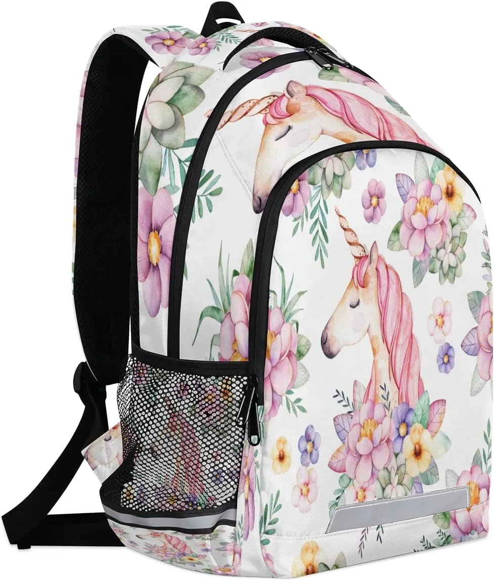 Floral Flower Animal Licorne Pink Backpack for School Girls Kids School Backpack Elementary Students Bookbag Laptop Daypack with Chest Buckle, Teens Hiking Travel Rucksack