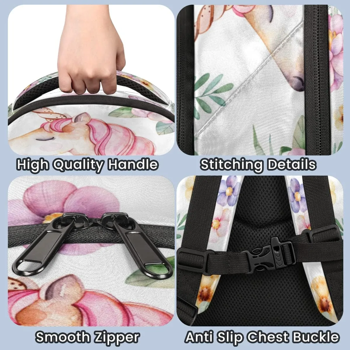 Floral Flower Animal Licorne Pink Backpack for School Girls Kids School Backpack Elementary Students Bookbag Laptop Daypack with Chest Buckle, Teens Hiking Travel Rucksack