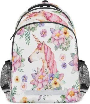 Floral Flower Animal Licorne Pink Backpack for School Girls Kids School Backpack Elementary Students Bookbag Laptop Daypack with Chest Buckle, Teens Hiking Travel Rucksack