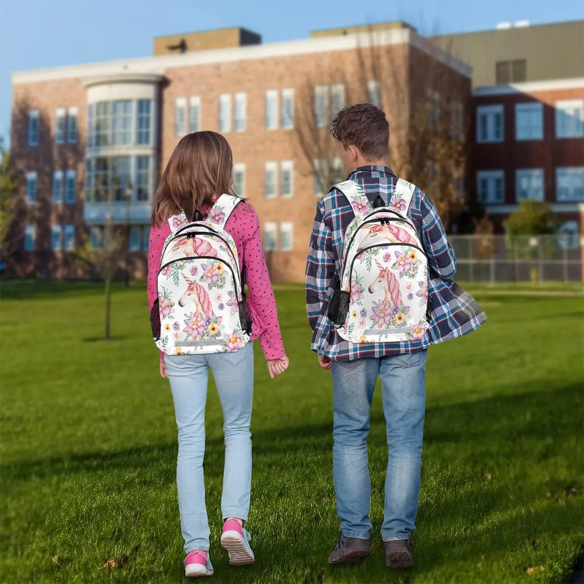 Floral Flower Animal Licorne Pink Backpack for School Girls Kids School Backpack Elementary Students Bookbag Laptop Daypack with Chest Buckle, Teens Hiking Travel Rucksack