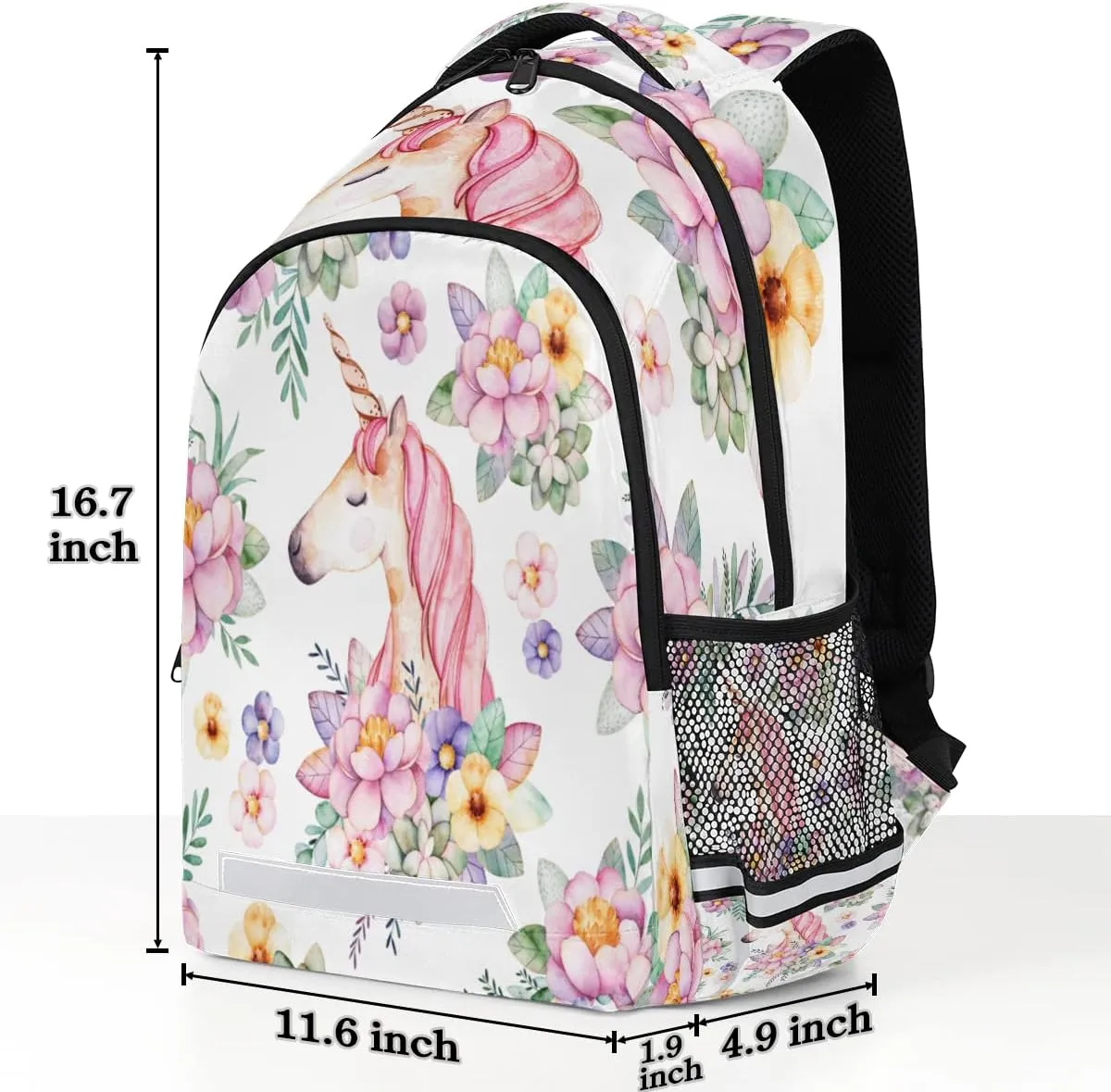 Floral Flower Animal Licorne Pink Backpack for School Girls Kids School Backpack Elementary Students Bookbag Laptop Daypack with Chest Buckle, Teens Hiking Travel Rucksack