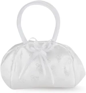 Flower Girl Gifts White Satin Embroided Deluxe Snap Purse with Padded Handles, 9 Inch