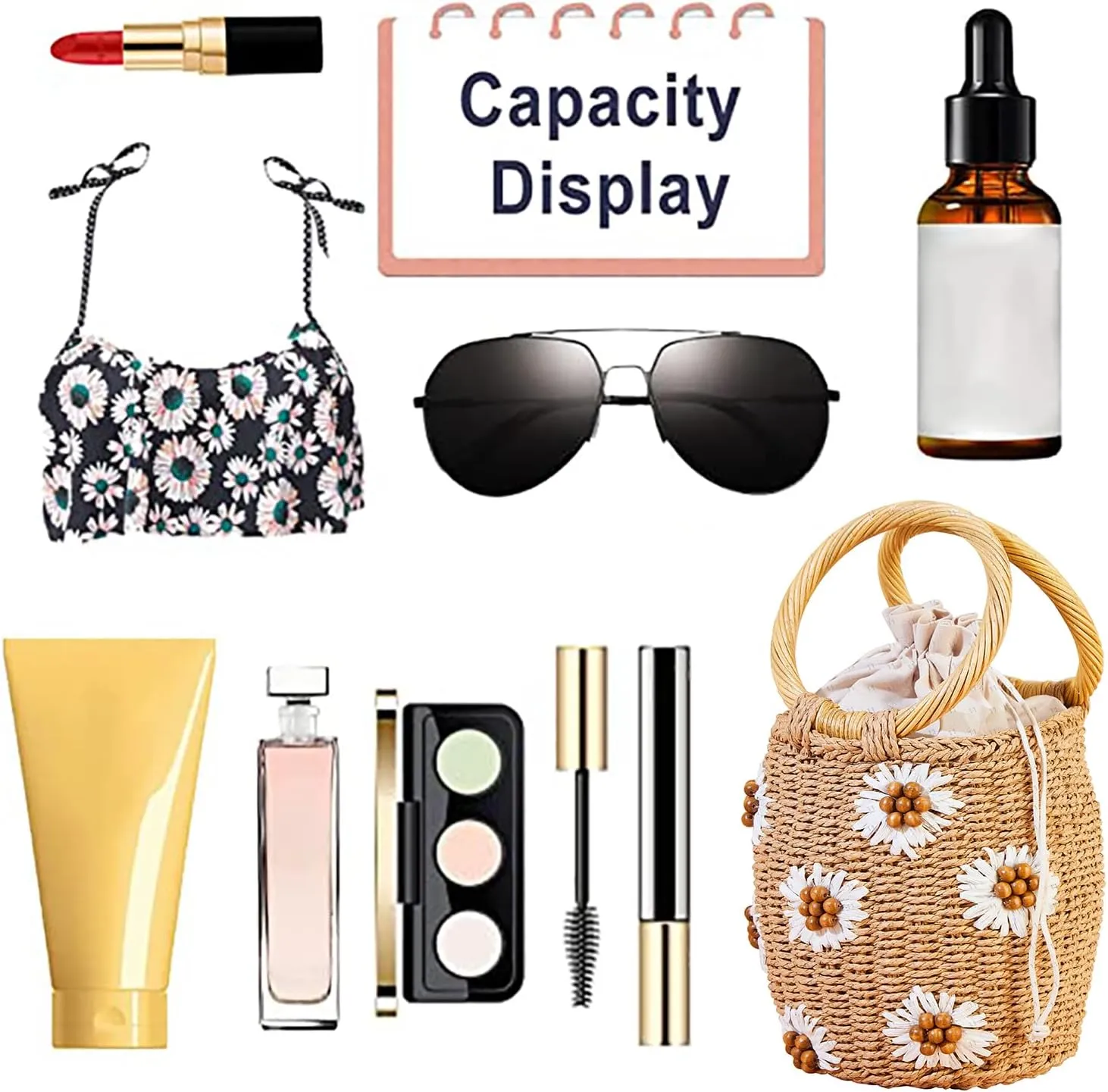 Flower Pearls Rattan Tote Bag Summer Beach Drawstring Straw Bucket Bag Diamonds Woven Handbag