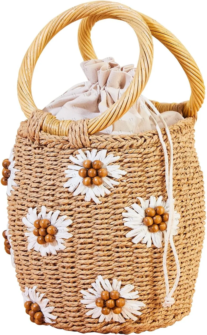 Flower Pearls Rattan Tote Bag Summer Beach Drawstring Straw Bucket Bag Diamonds Woven Handbag