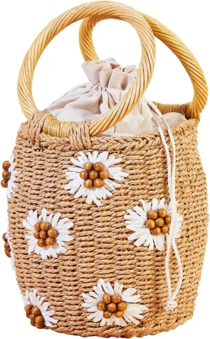 Flower Pearls Rattan Tote Bag Summer Beach Drawstring Straw Bucket Bag Diamonds Woven Handbag