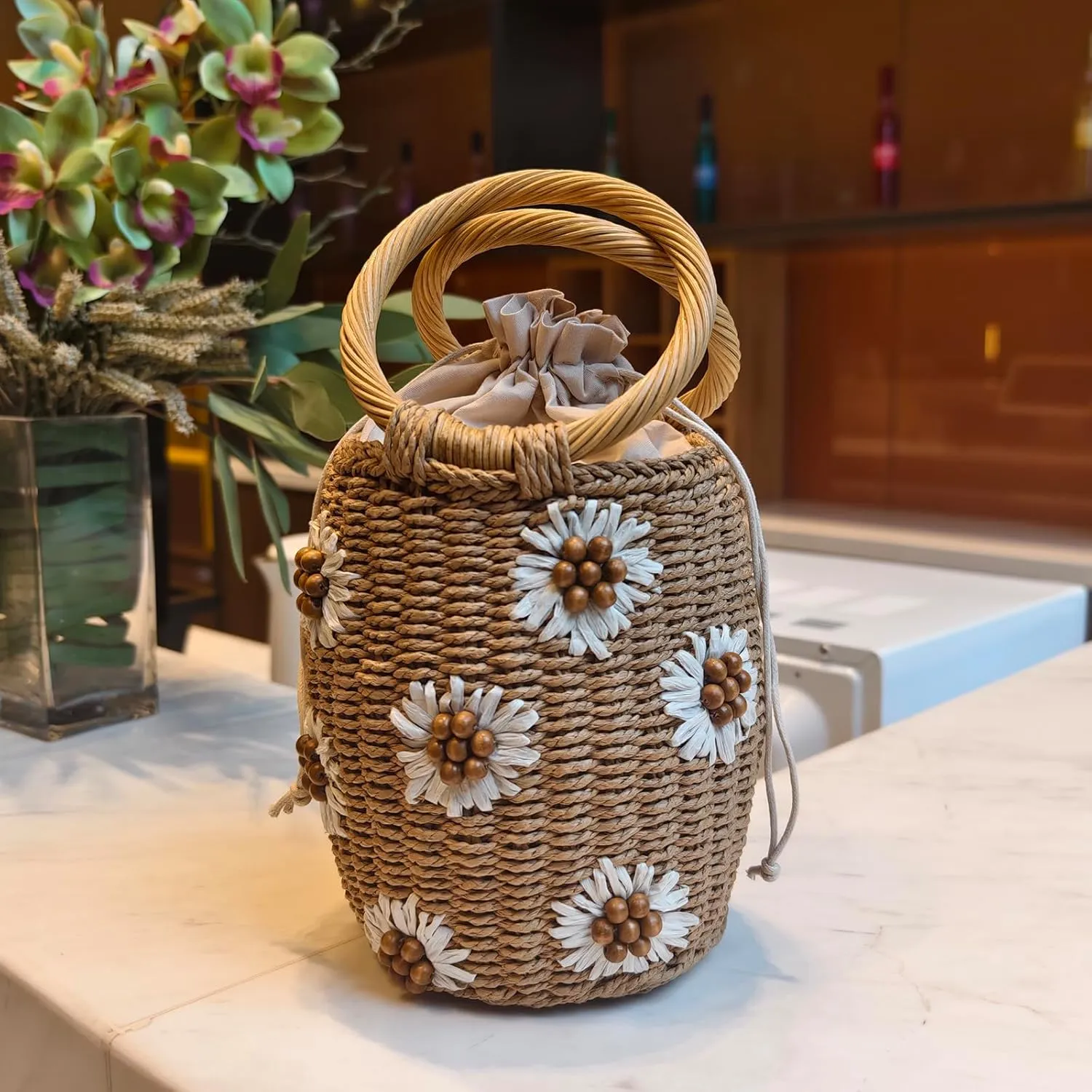Flower Pearls Rattan Tote Bag Summer Beach Drawstring Straw Bucket Bag Diamonds Woven Handbag