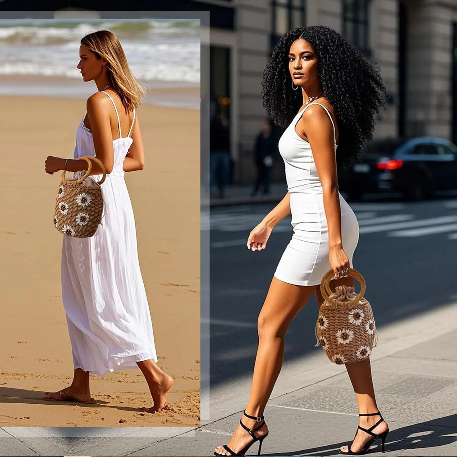 Flower Pearls Rattan Tote Bag Summer Beach Drawstring Straw Bucket Bag Diamonds Woven Handbag
