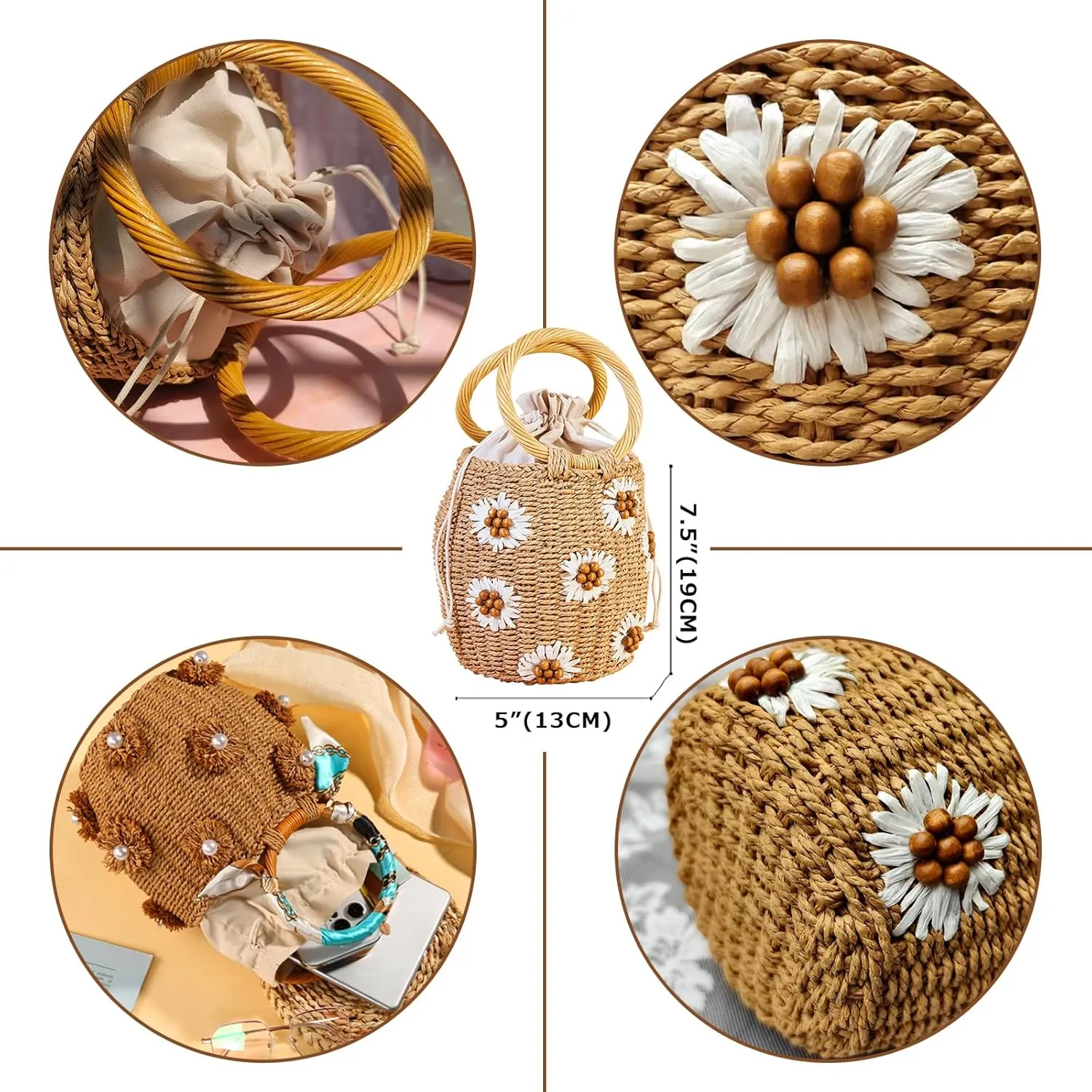 Flower Pearls Rattan Tote Bag Summer Beach Drawstring Straw Bucket Bag Diamonds Woven Handbag