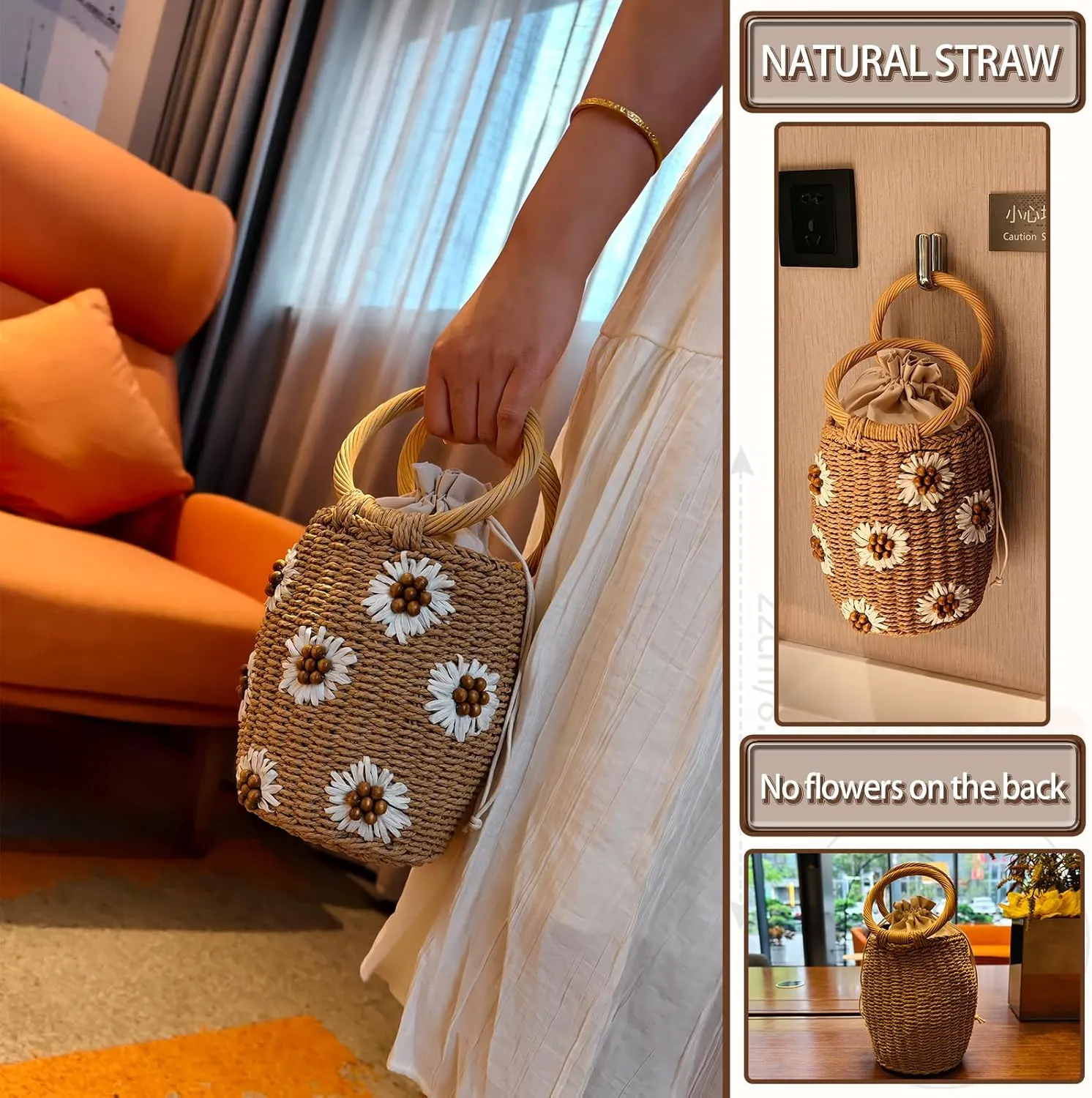 Flower Pearls Rattan Tote Bag Summer Beach Drawstring Straw Bucket Bag Diamonds Woven Handbag