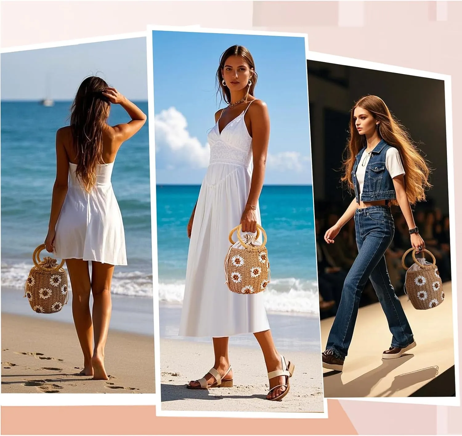 Flower Pearls Rattan Tote Bag Summer Beach Drawstring Straw Bucket Bag Diamonds Woven Handbag