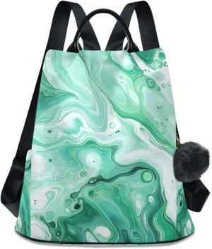 Fluid Marble Green Backpack for Women Anti Theft Large Fashion Travel Shoulder Bag Purse Rucksack Lightweight