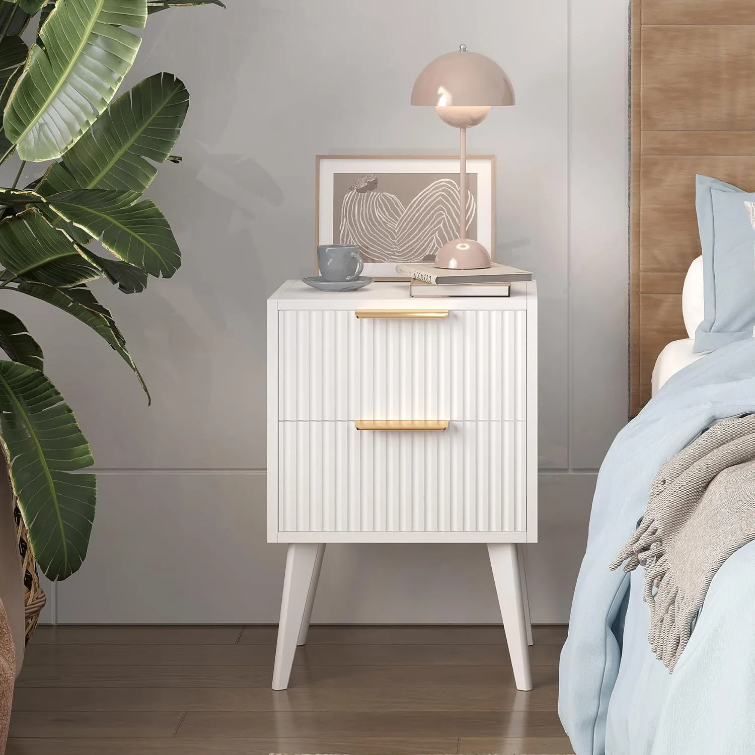 Fluted Nightstand with 2 Drawers,Modern Bedside Table with Metal Handles,White Side Table with Solid Wood Legs,Mid Century End Table for Living Room,Bedroom,White CTG55W