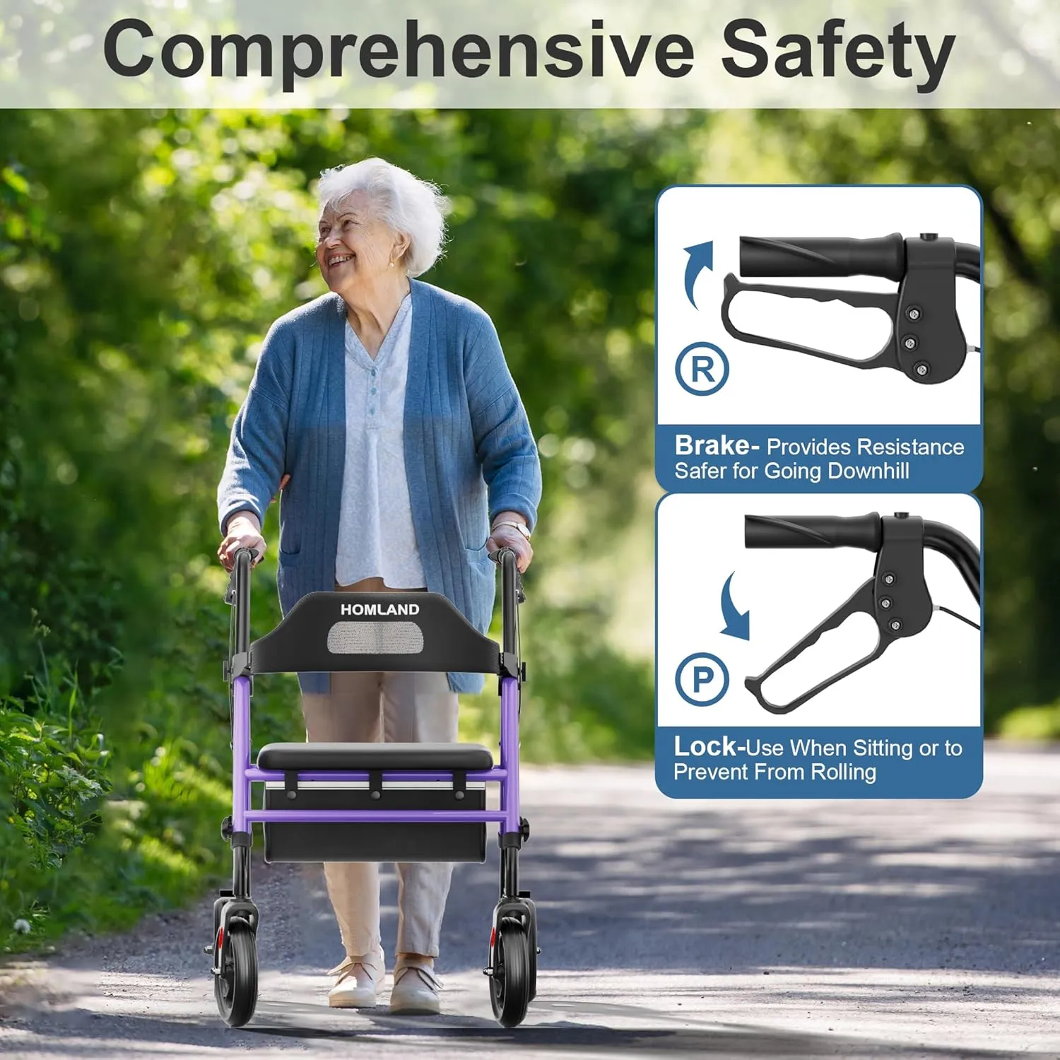 Foldable Rollator Walkers with Seat for Seniors, 8'' Big Wheels, 350 lb. Weight Capacity, Adjustable Handles and Seat Height, Lightweight Rolling Walker, Purple
