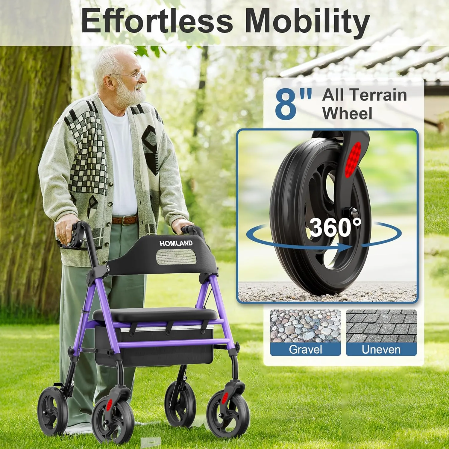 Foldable Rollator Walkers with Seat for Seniors, 8'' Big Wheels, 350 lb. Weight Capacity, Adjustable Handles and Seat Height, Lightweight Rolling Walker, Purple