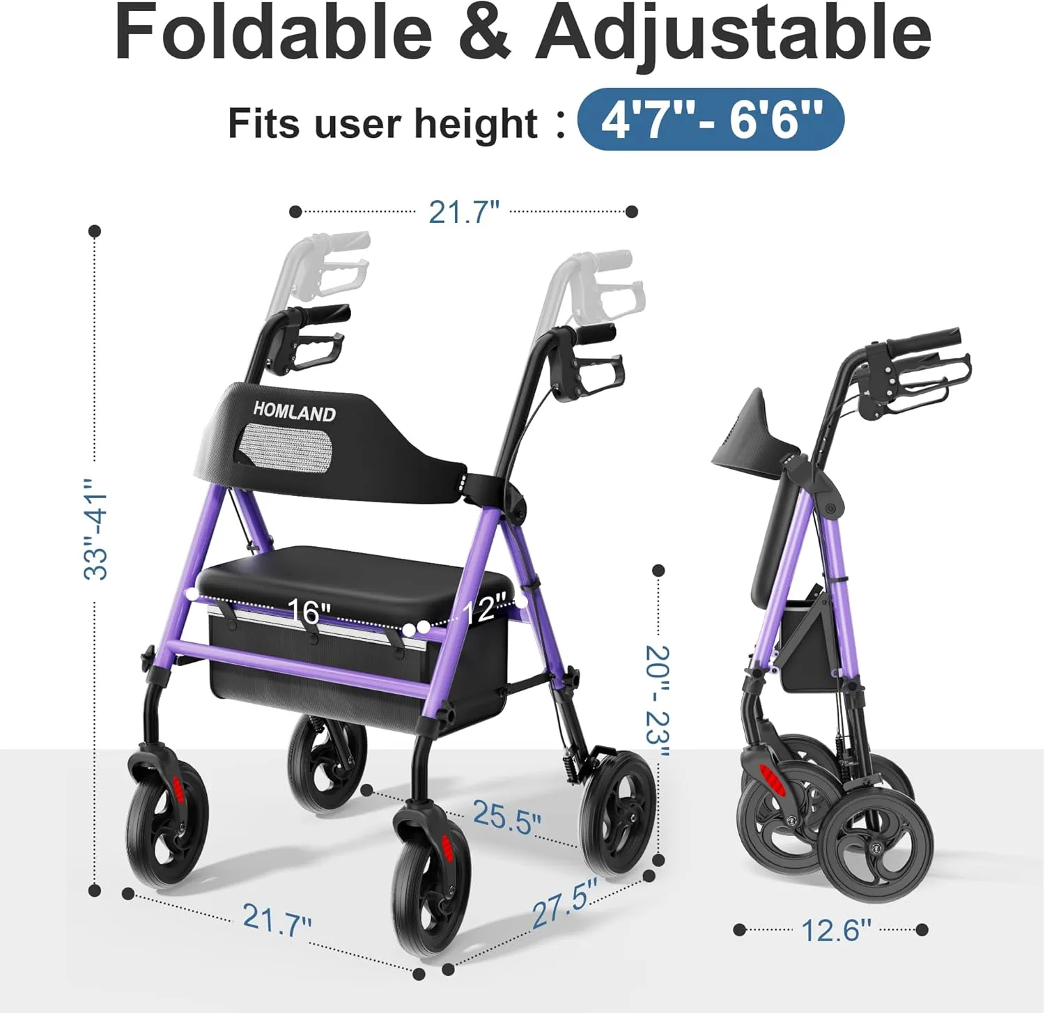 Foldable Rollator Walkers with Seat for Seniors, 8'' Big Wheels, 350 lb. Weight Capacity, Adjustable Handles and Seat Height, Lightweight Rolling Walker, Purple