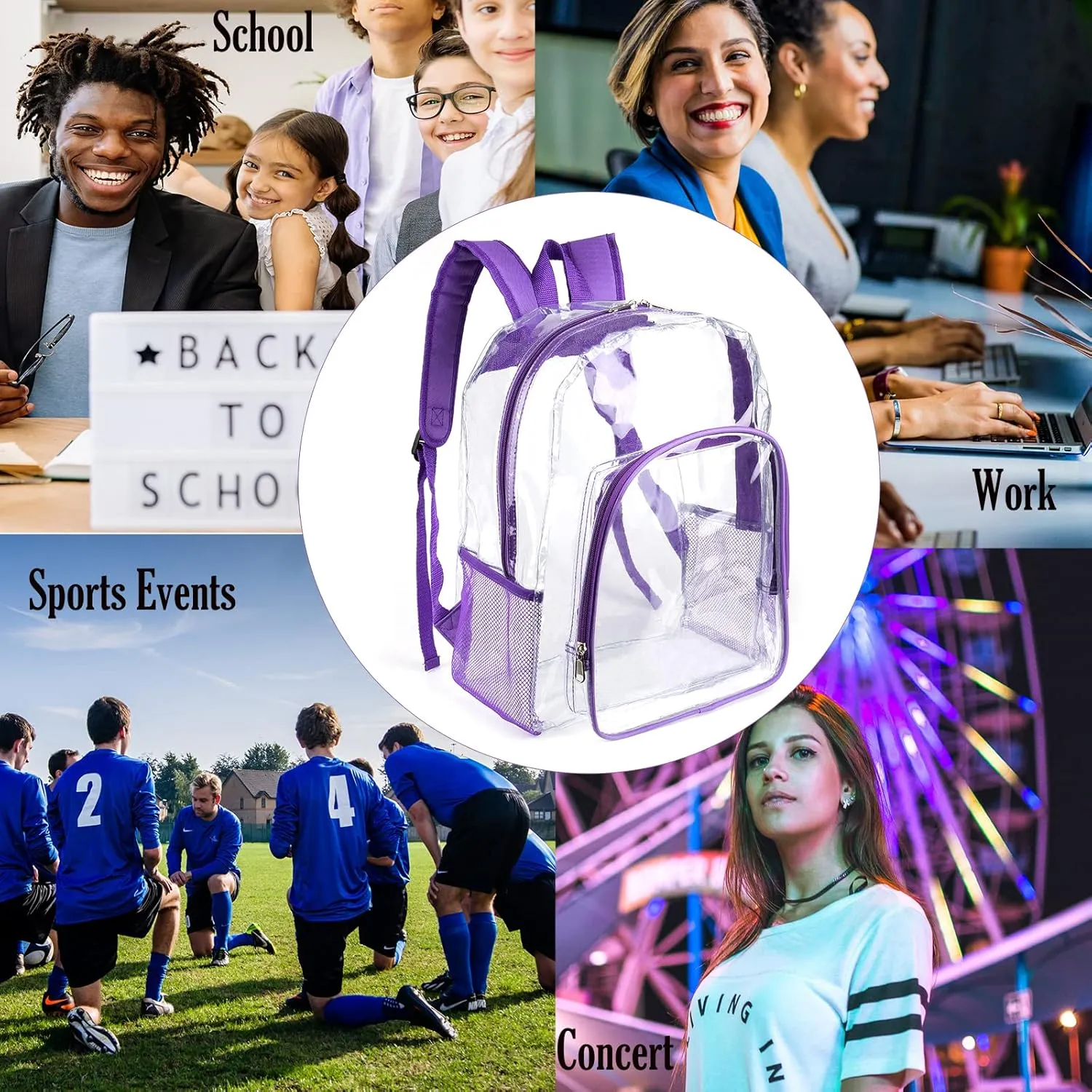 Fomaris Purple Clear Backpack Clear Bookbag Transparent See Through Plastic Backpacks for School Stadium Work Festival