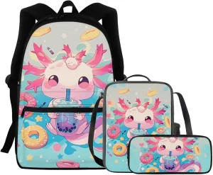 FOR U DESIGNS Axolotl Backpack for Girls 15 Inch 3 Piece Bookbag Set Cute School Bag with Lunch Box 4th Grade Book Bags for Kids Lightweight Travel Rucksack