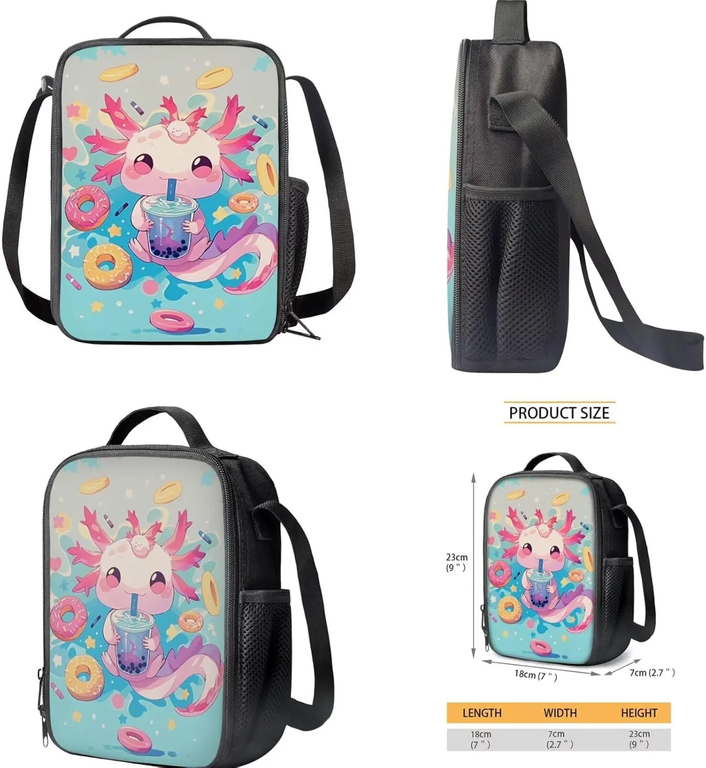 FOR U DESIGNS Axolotl Backpack for Girls 15 Inch 3 Piece Bookbag Set Cute School Bag with Lunch Box 4th Grade Book Bags for Kids Lightweight Travel Rucksack