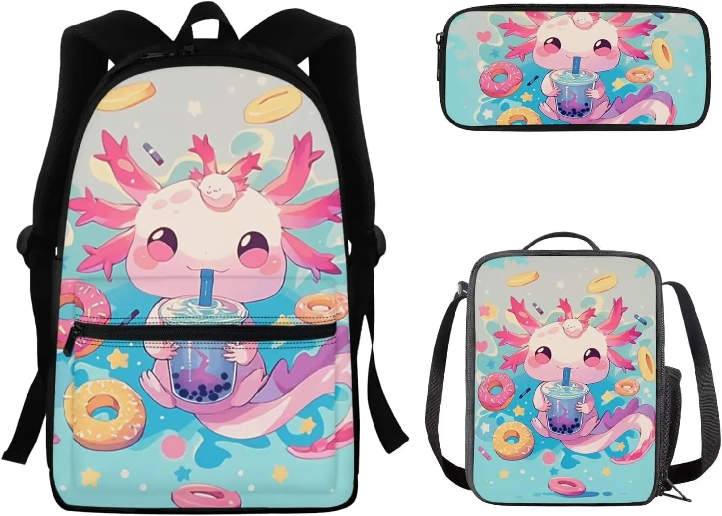 FOR U DESIGNS Axolotl Backpack for Girls 15 Inch 3 Piece Bookbag Set Cute School Bag with Lunch Box 4th Grade Book Bags for Kids Lightweight Travel Rucksack