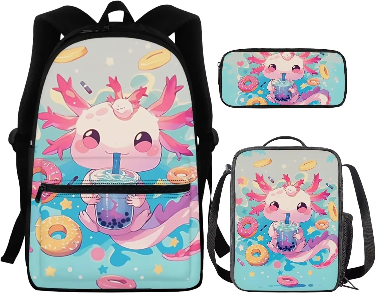 FOR U DESIGNS Axolotl Backpack for Girls 15 Inch 3 Piece Bookbag Set Cute School Bag with Lunch Box 4th Grade Book Bags for Kids Lightweight Travel Rucksack