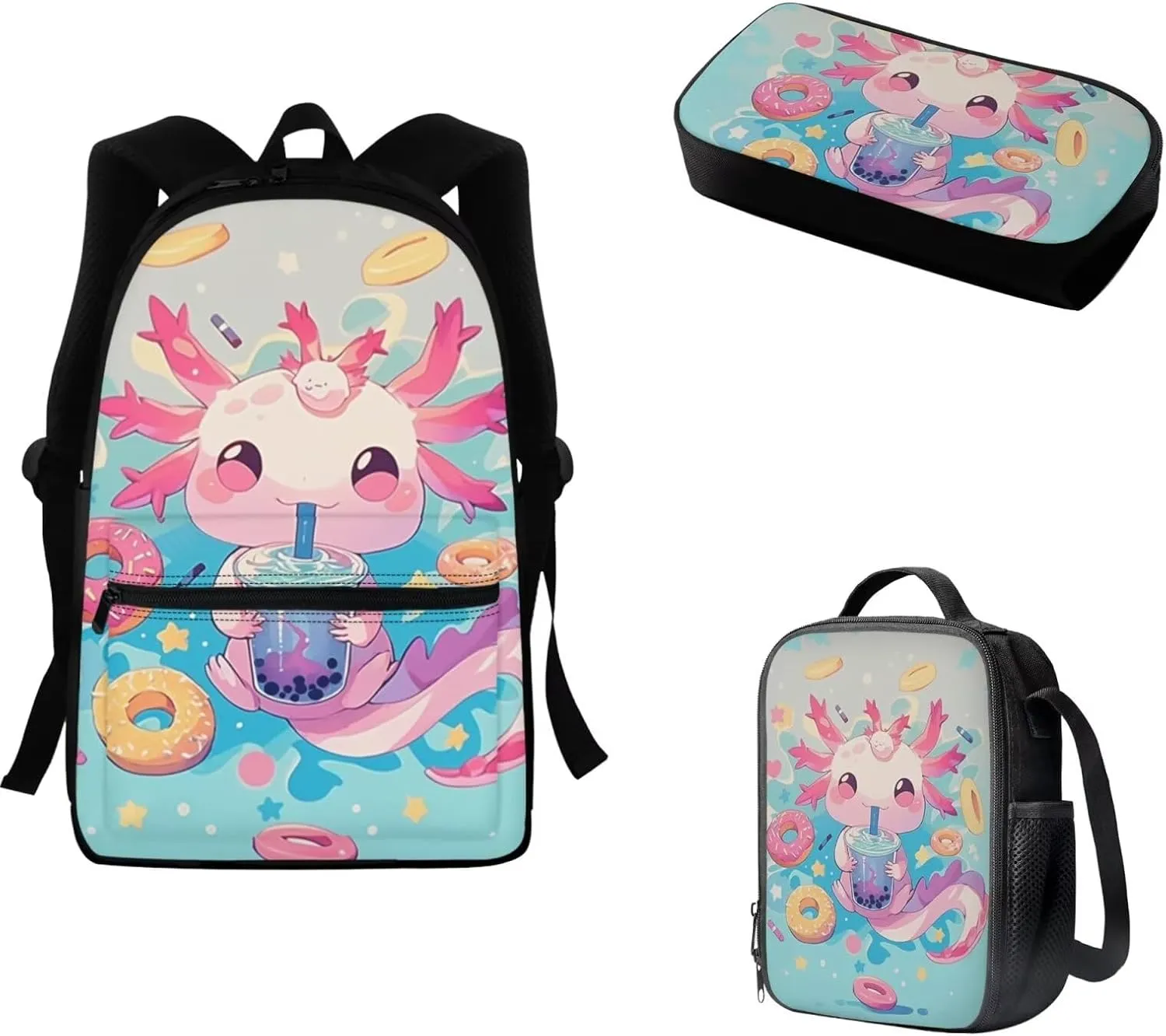 FOR U DESIGNS Axolotl Backpack for Girls 15 Inch 3 Piece Bookbag Set Cute School Bag with Lunch Box 4th Grade Book Bags for Kids Lightweight Travel Rucksack