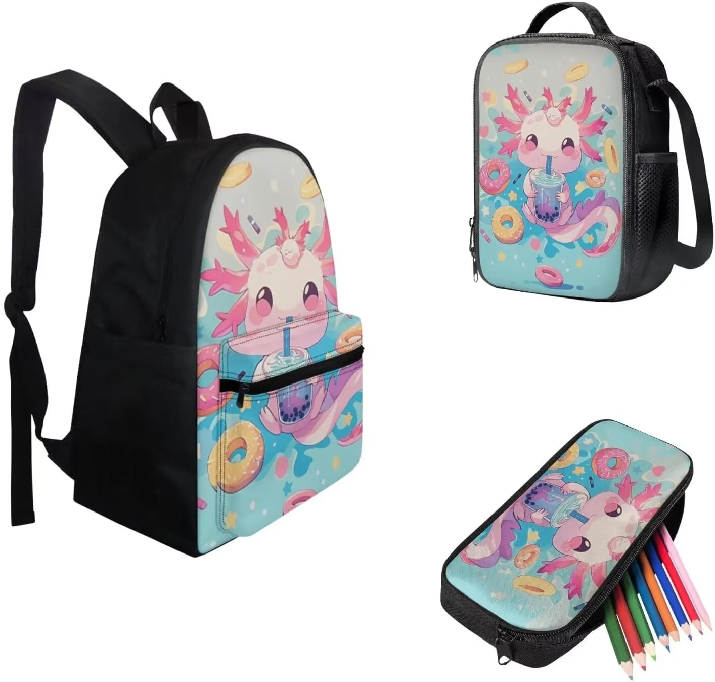 FOR U DESIGNS Axolotl Backpack for Girls 15 Inch 3 Piece Bookbag Set Cute School Bag with Lunch Box 4th Grade Book Bags for Kids Lightweight Travel Rucksack