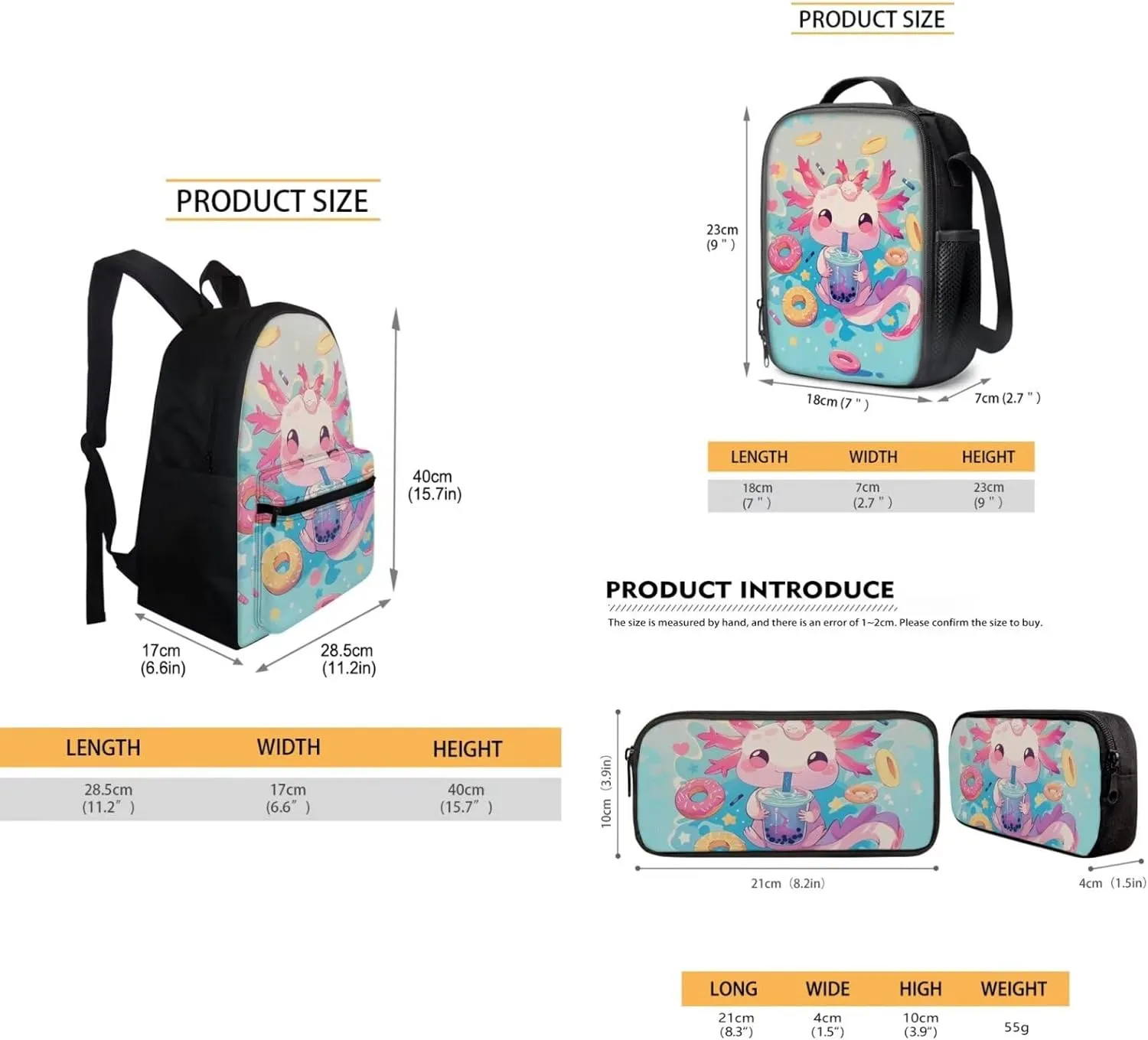 FOR U DESIGNS Axolotl Backpack for Girls 15 Inch 3 Piece Bookbag Set Cute School Bag with Lunch Box 4th Grade Book Bags for Kids Lightweight Travel Rucksack