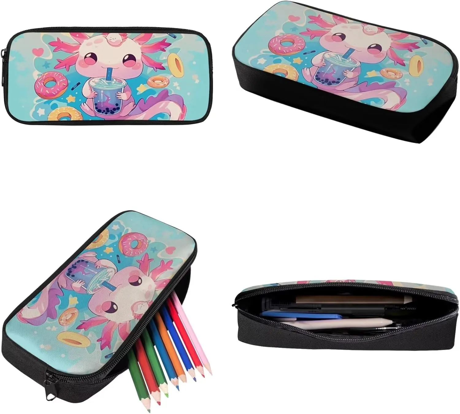 FOR U DESIGNS Axolotl Backpack for Girls 15 Inch 3 Piece Bookbag Set Cute School Bag with Lunch Box 4th Grade Book Bags for Kids Lightweight Travel Rucksack