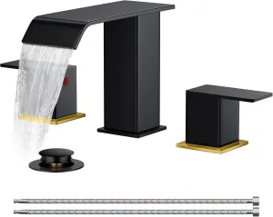 FORIOUS Black and Gold Bathroom Faucet 3 Hole, 2 Handles 8 Inch Widespread Waterfall Bathroom Sink Faucet with Metal Pop-Up Drain and 24" Water Hoses, for Vanity RV Restroom