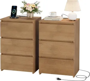 FOTOSOK Wood Nightstand Set of 2, 26" H Night Stand with Charging Station, Nightstand Set 2 with USB Ports & Power Outlets, Silent Slides, End Side Table Bedside Table for Bedroom, Wooden Grain