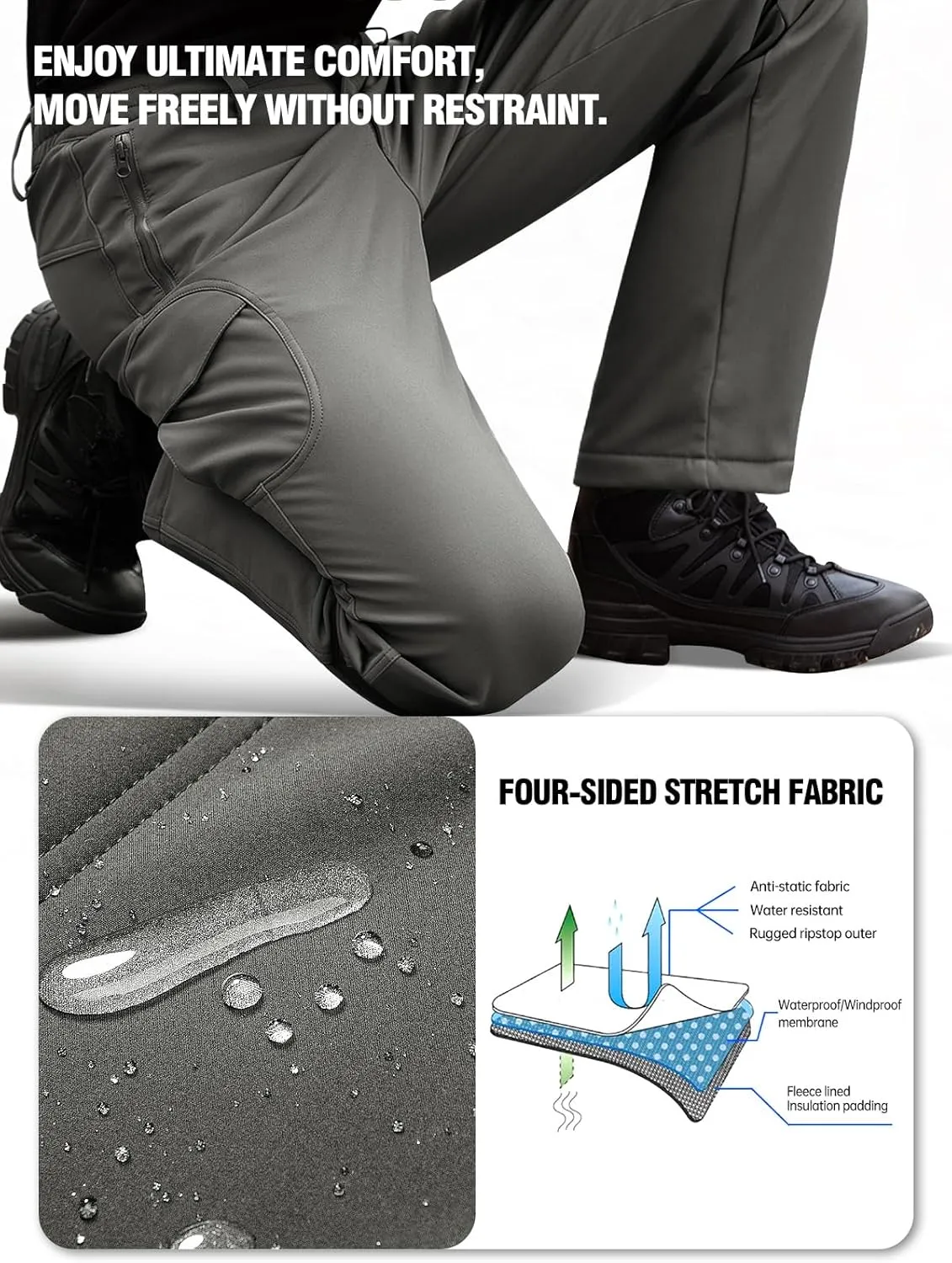 FREE SOLDIER Men's Outdoor Softshell Fleece Lined Cargo Pants Snow Ski Hiking Pants with Belt