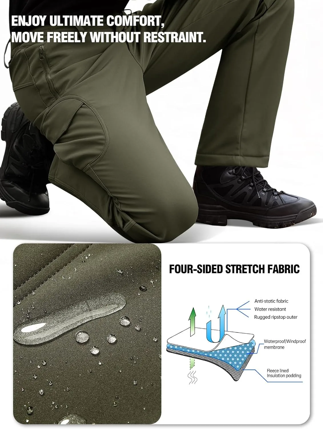 FREE SOLDIER Men's Outdoor Softshell Fleece Lined Cargo Pants Snow Ski Hiking Pants with Belt