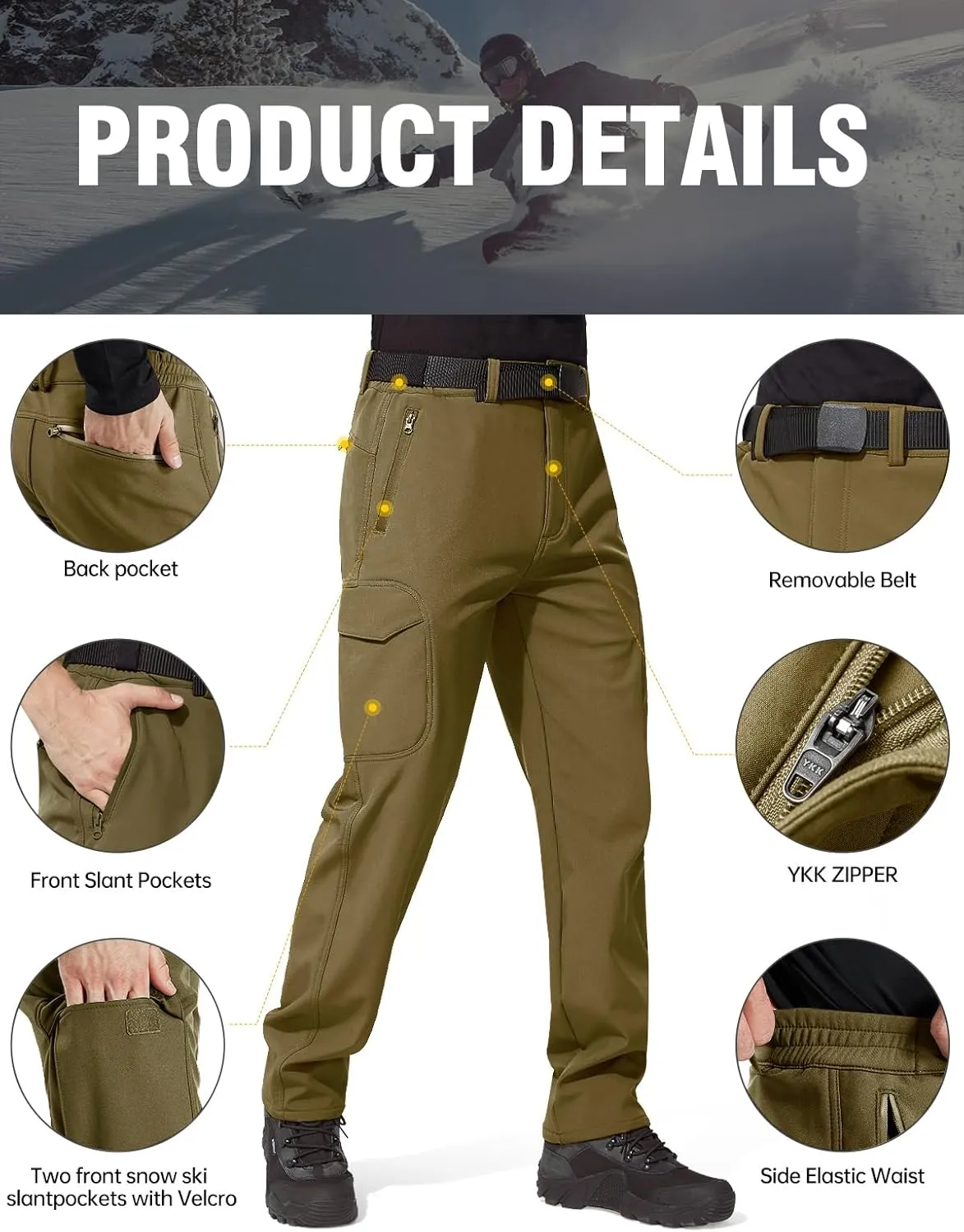 FREE SOLDIER Men's Outdoor Softshell Fleece Lined Cargo Pants Snow Ski Hiking Pants with Belt