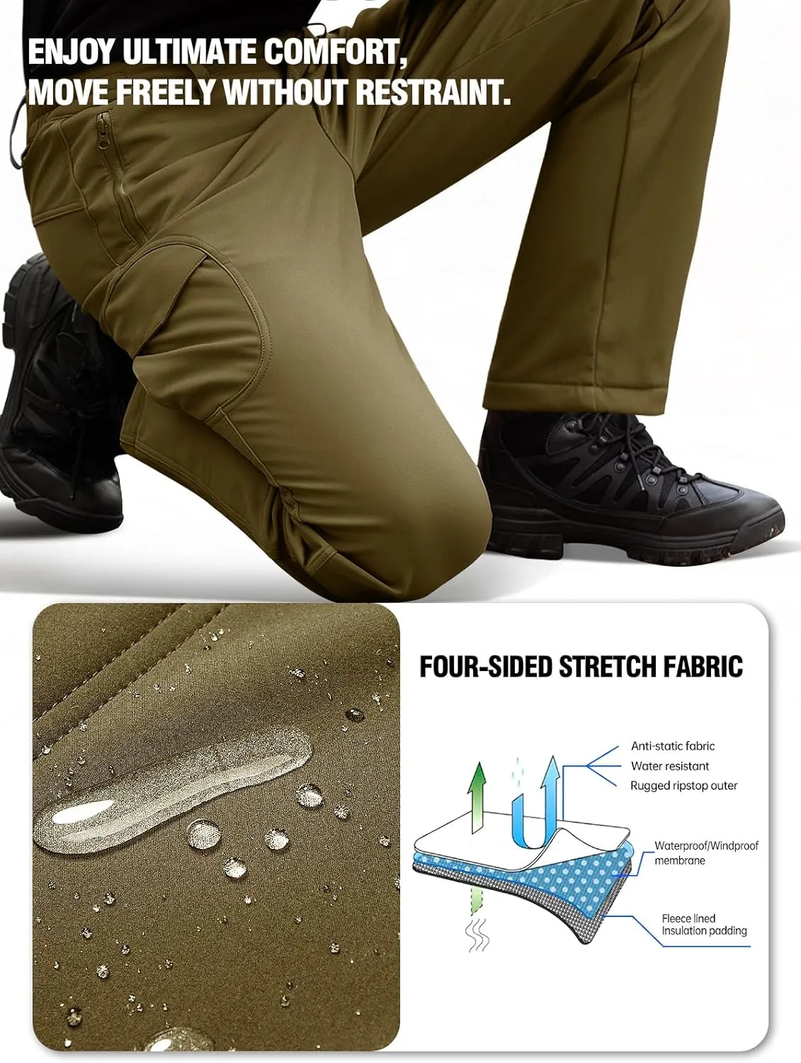 FREE SOLDIER Men's Outdoor Softshell Fleece Lined Cargo Pants Snow Ski Hiking Pants with Belt