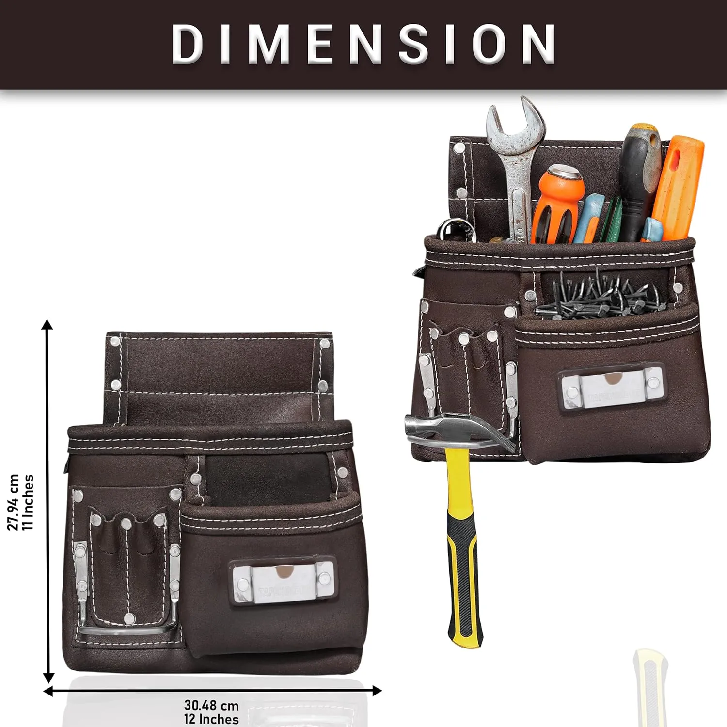 FUERI Leather Tool Belt Bag Men Pouch Heavy Duty Tools Pouches Organizer for Carpenter Construction Electrician Belts Bags Holder (11 Pocket Chocolate, Adjustable)