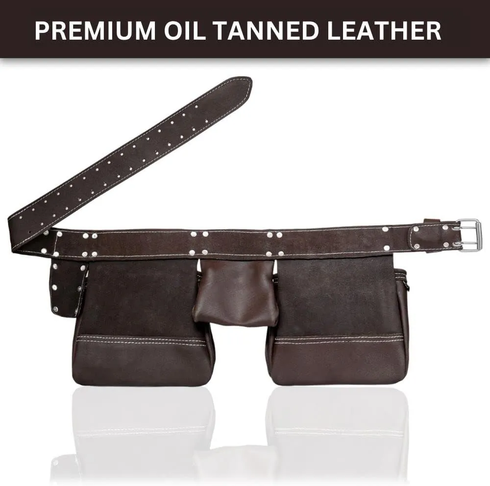 FUERI Leather Tool Belt Bag Men Pouch Heavy Duty Tools Pouches Organizer for Carpenter Construction Electrician Belts Bags Holder (11 Pocket Chocolate, Adjustable)
