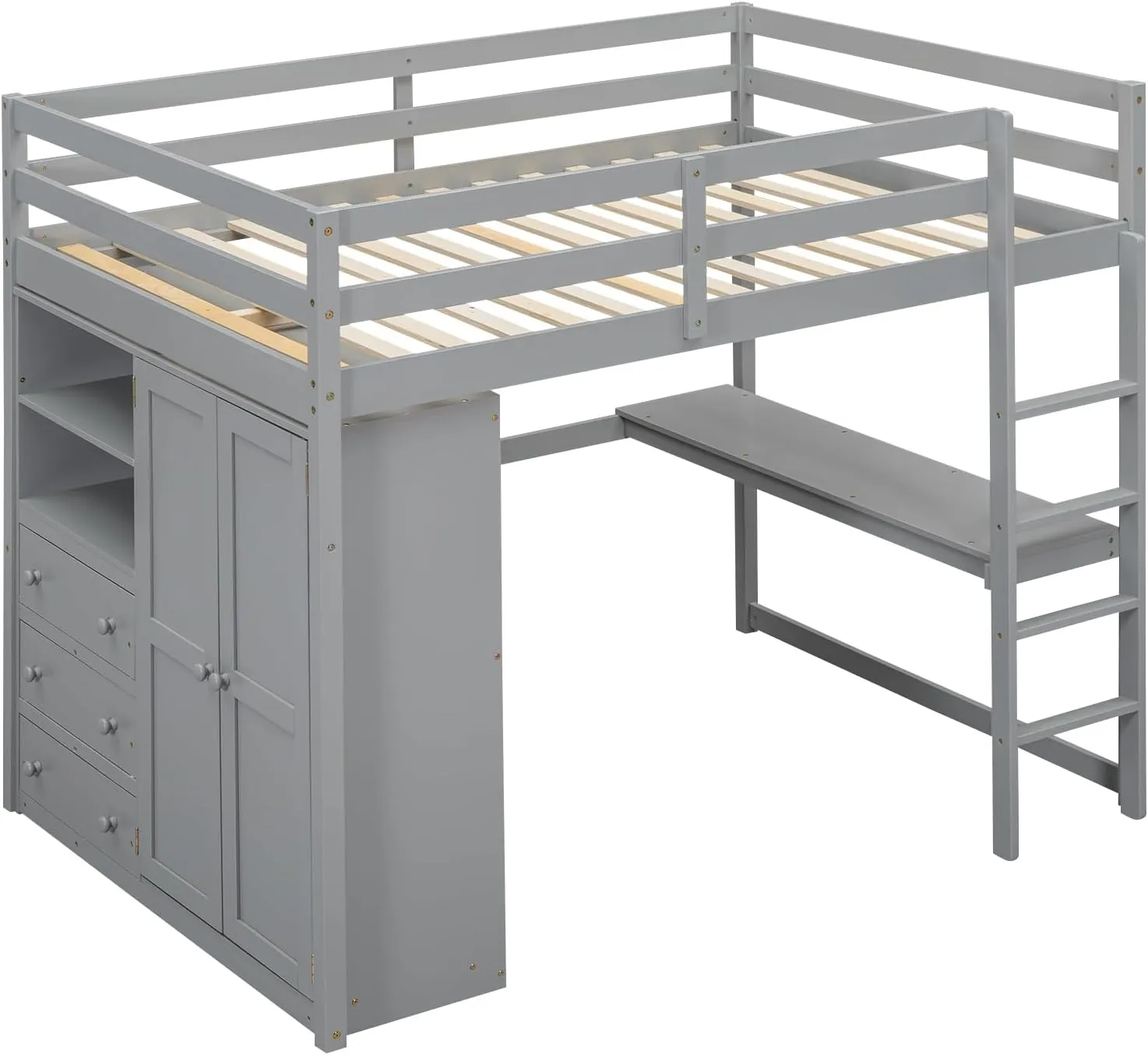 Full Size Loft Bed with Desk & Wardrobe, Solid Wood Kids Loft Bedframe w/3 Storage Drawers & 2 Shelves, Maximum Space Design, for Bedroom, Dorm, Gray
