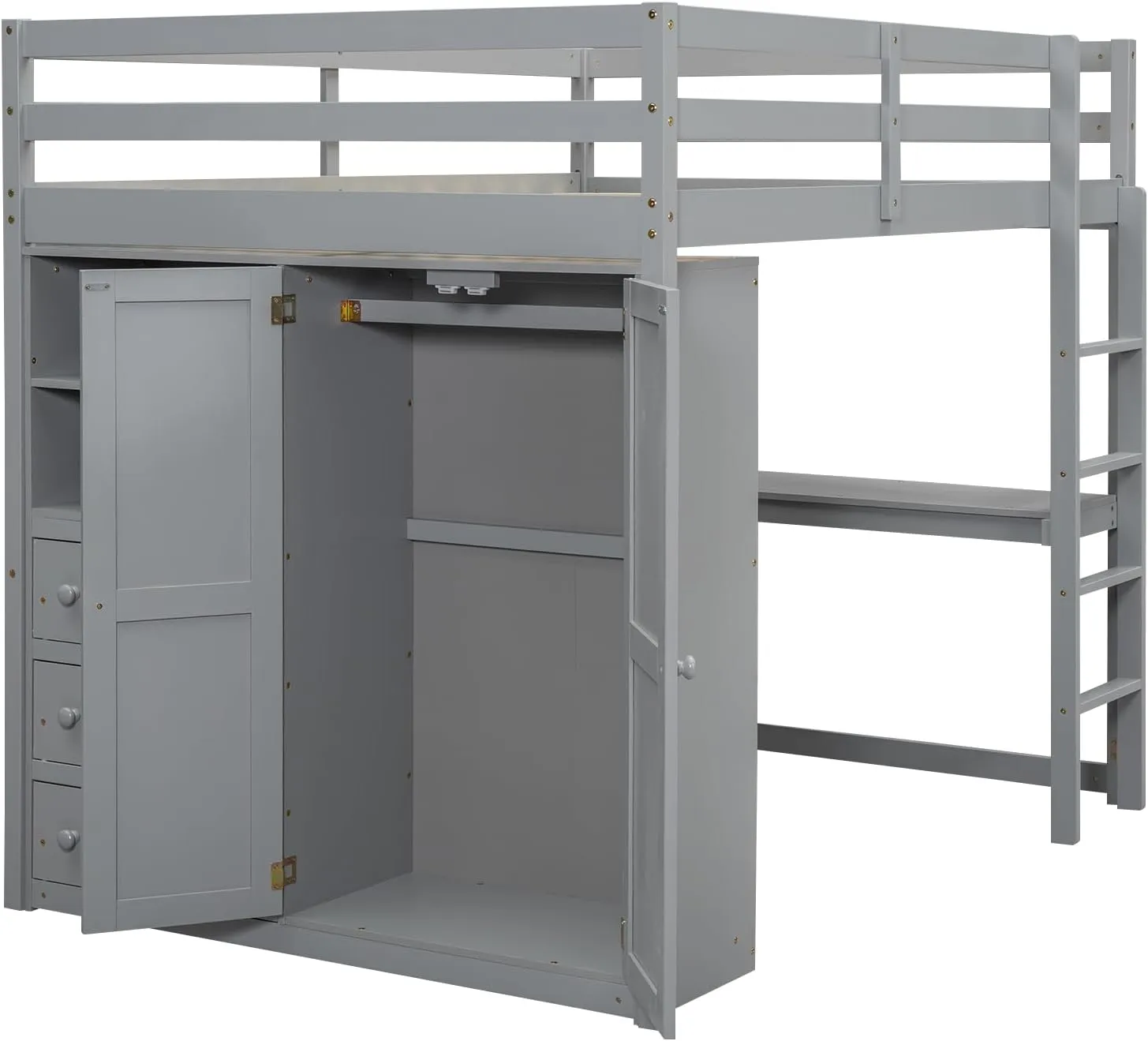 Full Size Loft Bed with Desk & Wardrobe, Solid Wood Kids Loft Bedframe w/3 Storage Drawers & 2 Shelves, Maximum Space Design, for Bedroom, Dorm, Gray