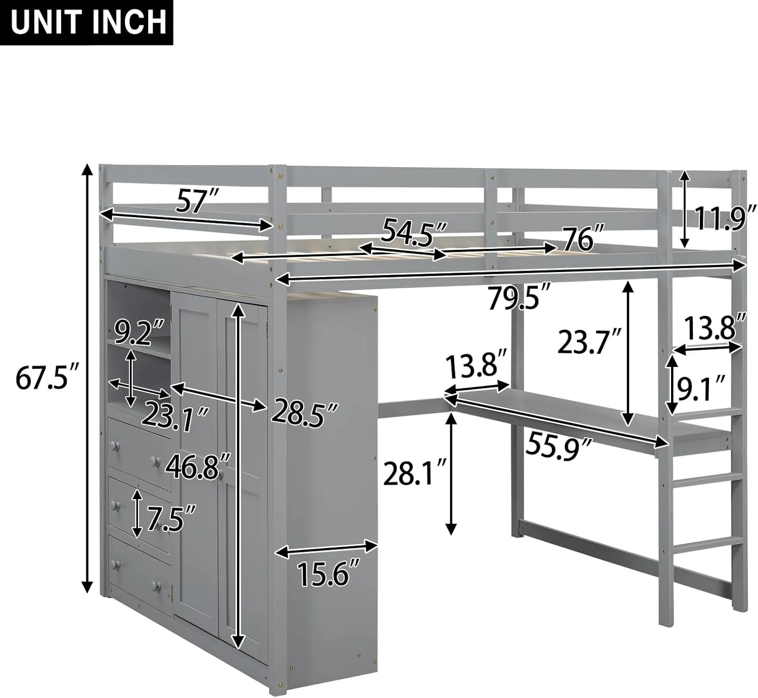 Full Size Loft Bed with Desk & Wardrobe, Solid Wood Kids Loft Bedframe w/3 Storage Drawers & 2 Shelves, Maximum Space Design, for Bedroom, Dorm, Gray